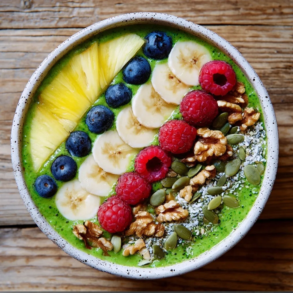 green smoothie bowl with fruit and nuts toppings