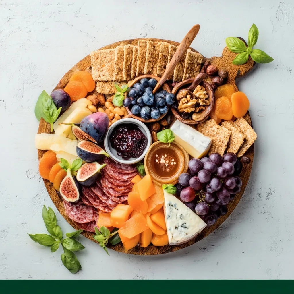 10-Minute Classic DIY Meat and Cheese Charcuterie Board 3 Colorful charcuterie board with fruit, cheese, and salami on wooden platter