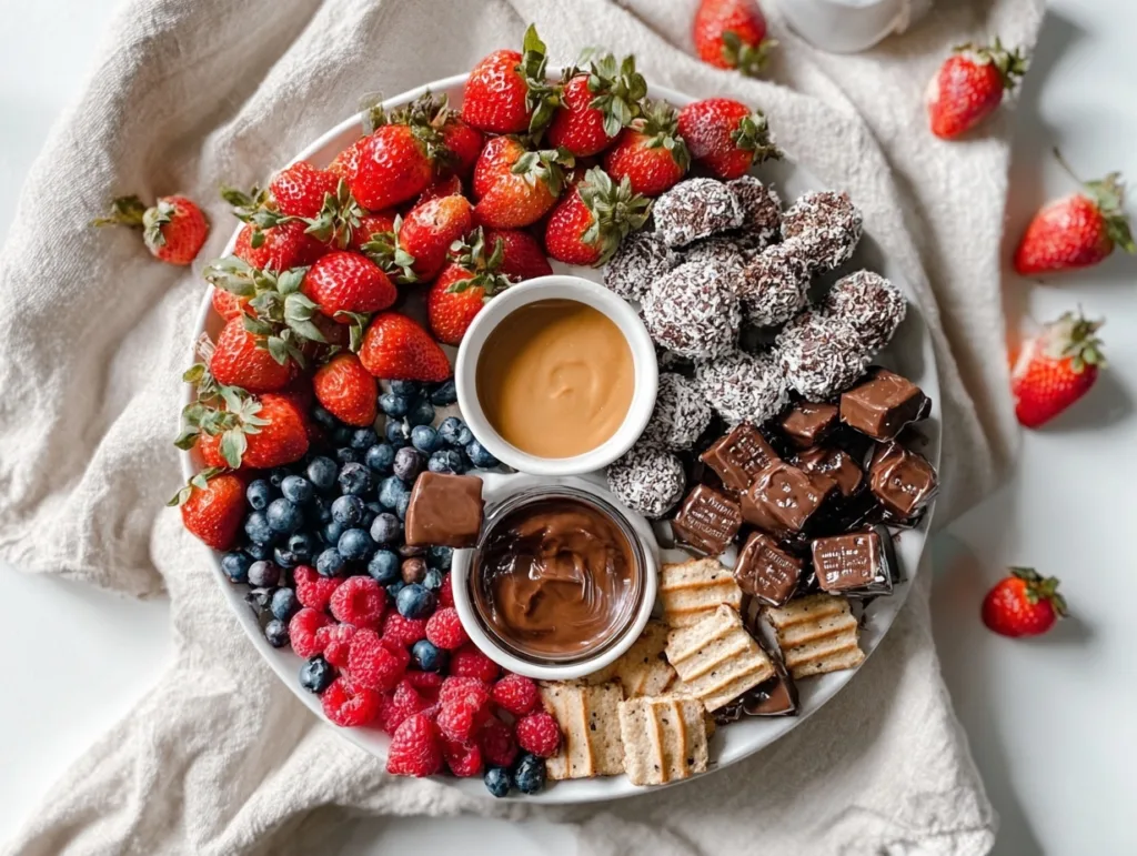 Sweet and Savory DIY Dessert Charcuterie Ideas with berries, chocolate, and peanut butter dip