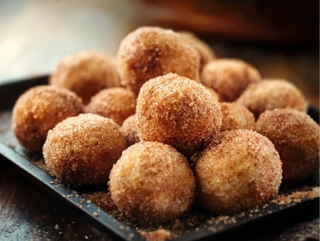5-Ingredient High-Protein Banana Donut Holes 3 freshly baked high protein banana donut holes coated in cinnamon sugar