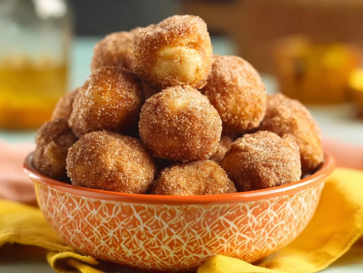 5-Ingredient High-Protein Banana Donut Holes 1 bowl of high protein banana donut holes coated in cinnamon sugar