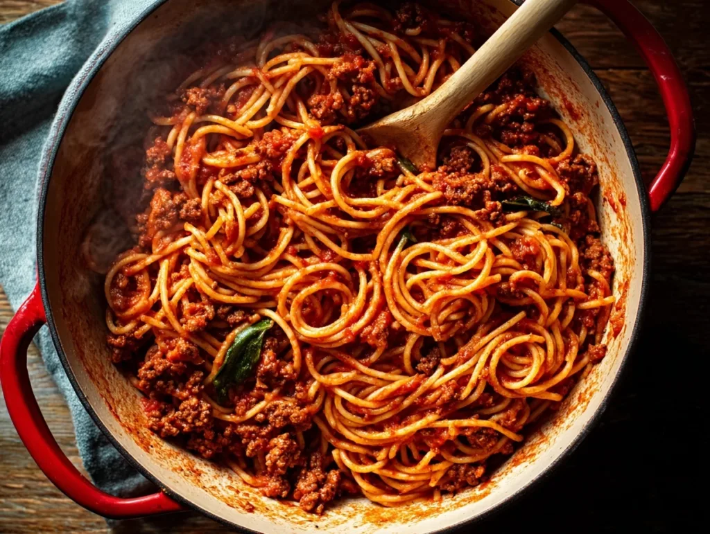 One-pot spaghetti with ground beef simmering in a red Dutch oven with a wooden spoon
