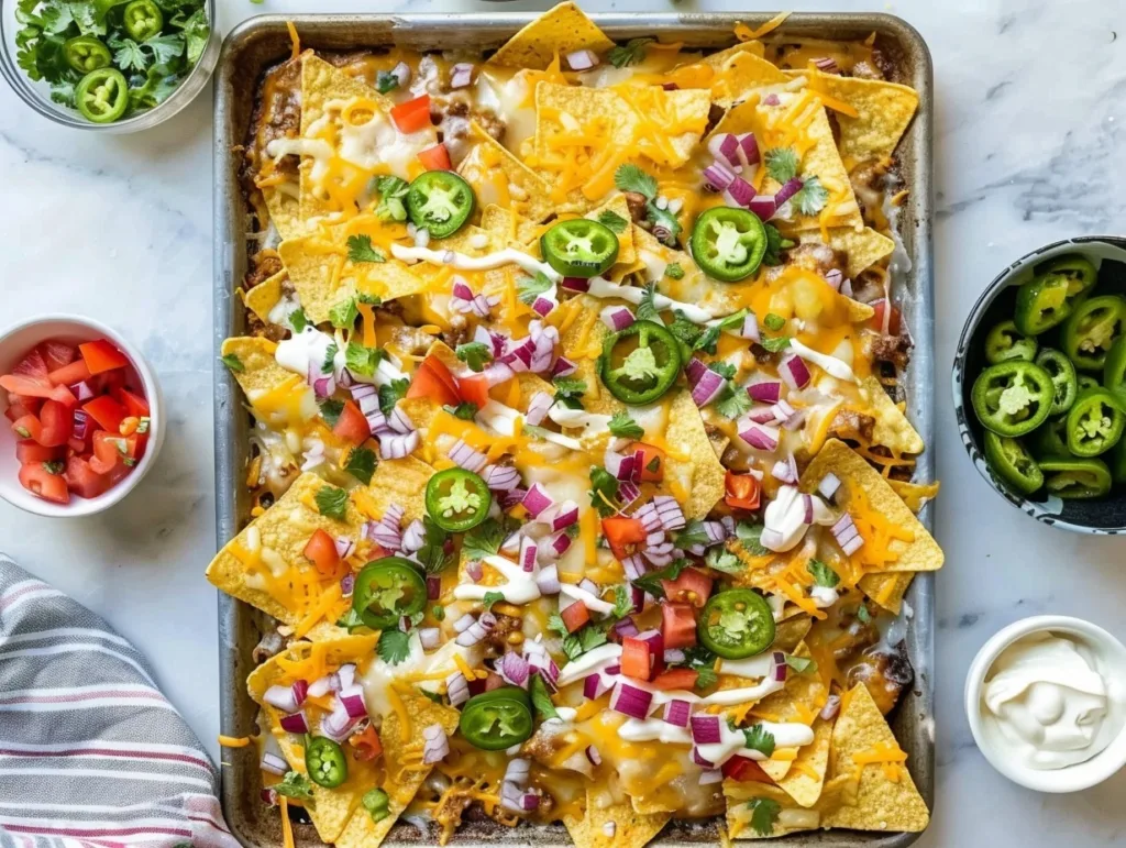 Overhead view of lazy sheet pan nachos with melted cheese and jalapeños
