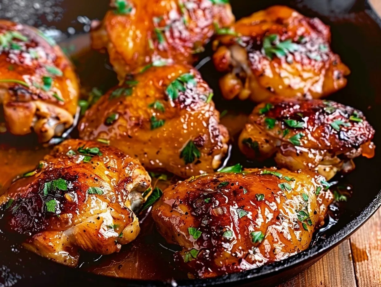 Apple cider glazed chicken thighs with parsley in a cast-iron skillet
