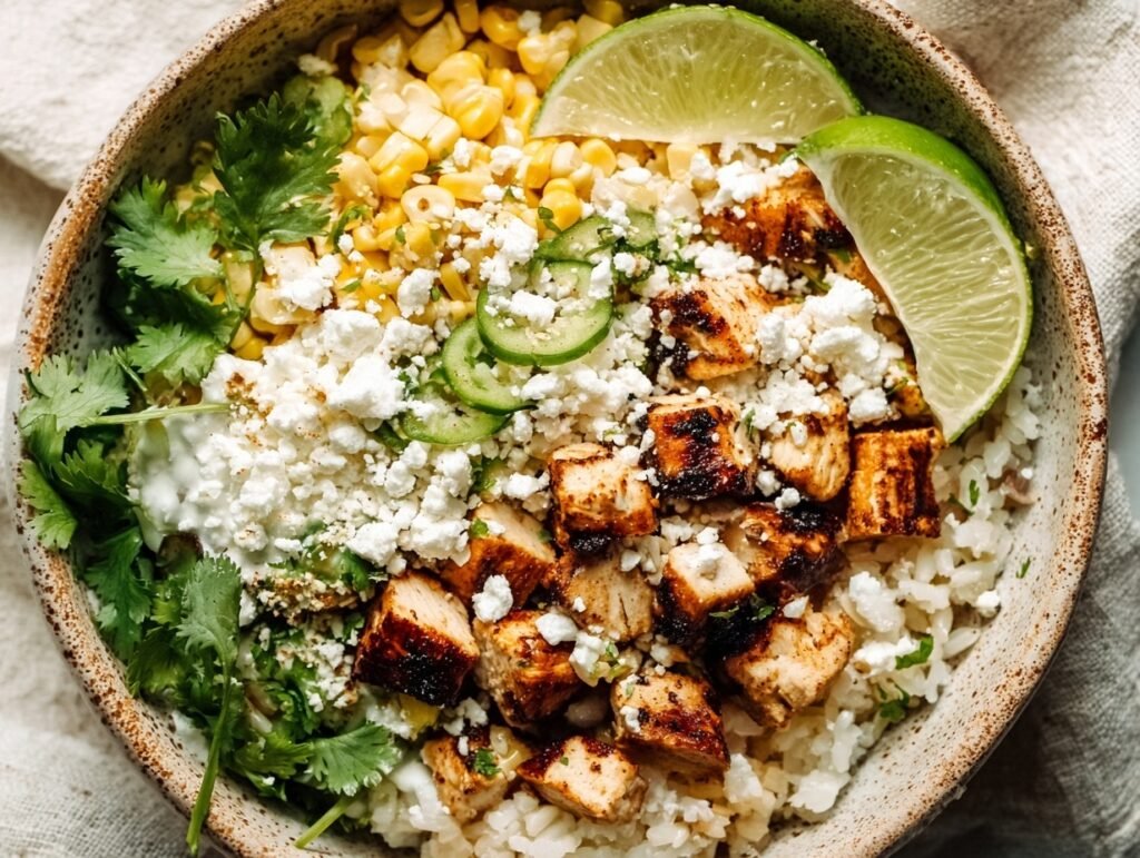 30-Minute Street Corn Chicken Rice Bowl 6 Street corn chicken rice bowl with cotija cheese and lime wedges