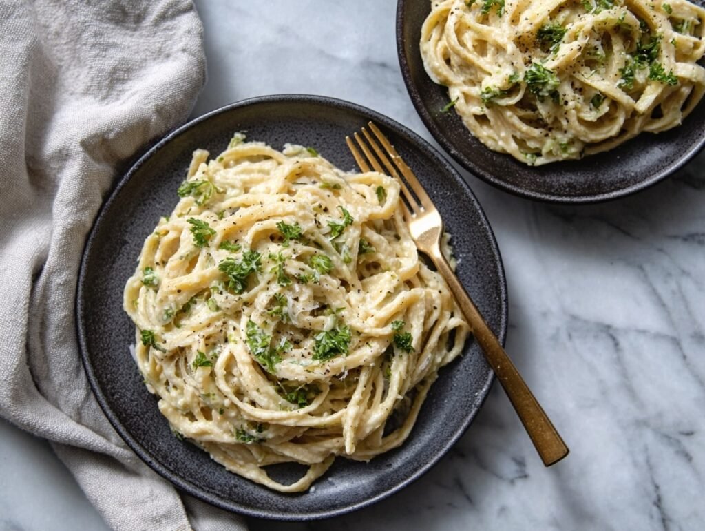 Creamy Cauliflower Alfredo Pasta (5 Ingredients, Ready in 20 Minutes) 8 creamy cauliflower alfredo pasta served on dark plates with parsley
