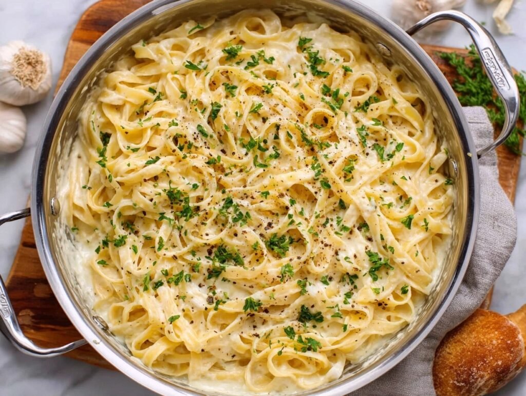 Creamy Cauliflower Alfredo Pasta (5 Ingredients, Ready in 20 Minutes) 7 creamy cauliflower alfredo pasta in a skillet topped with parsley and pepper