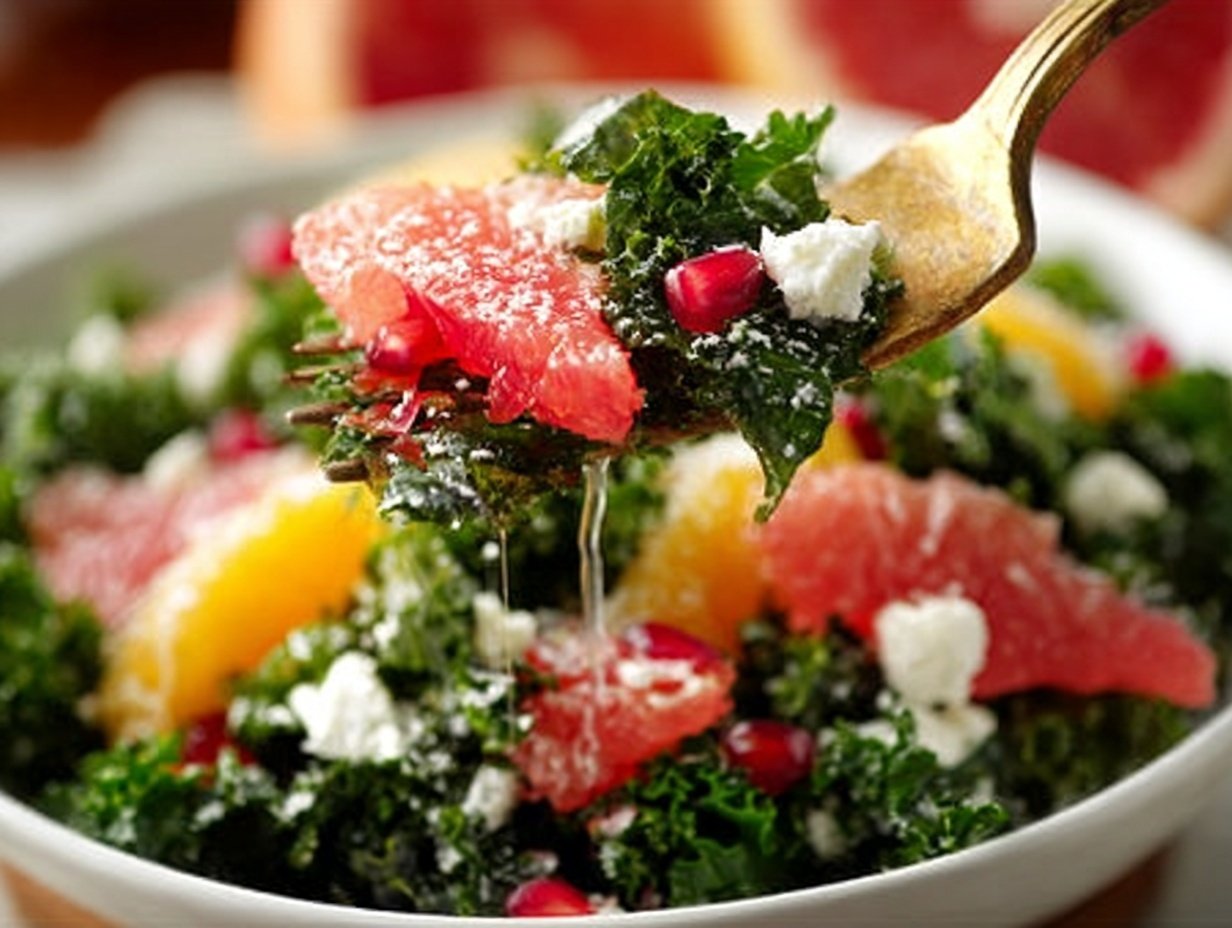 Close-up of winter citrus and kale salad with grapefruit and feta