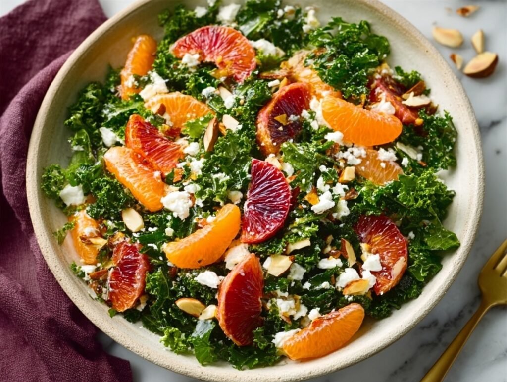 Overhead view of winter citrus and kale salad with blood orange and almonds
