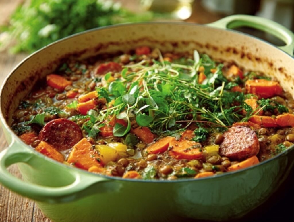 High-protein lentil and sweet potato stew simmering in a green Dutch oven