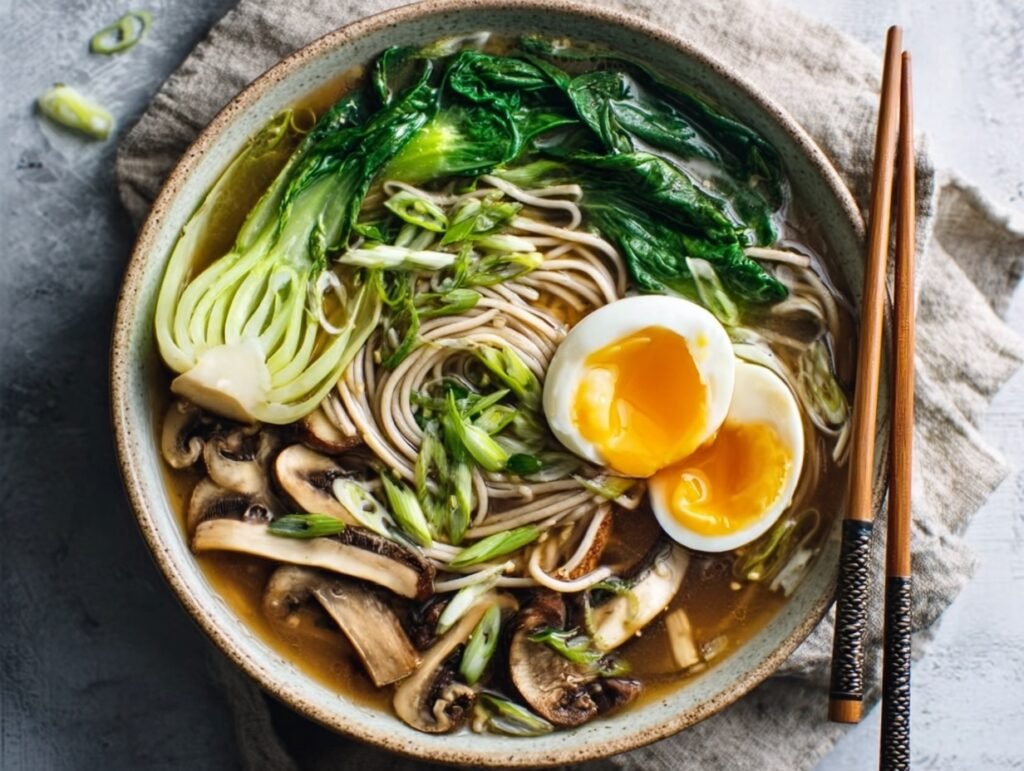5-Step Ginger Miso Noodle Soup – High-Protein Vegan Bowl 6 High-protein ginger miso noodle soup with egg and bok choy