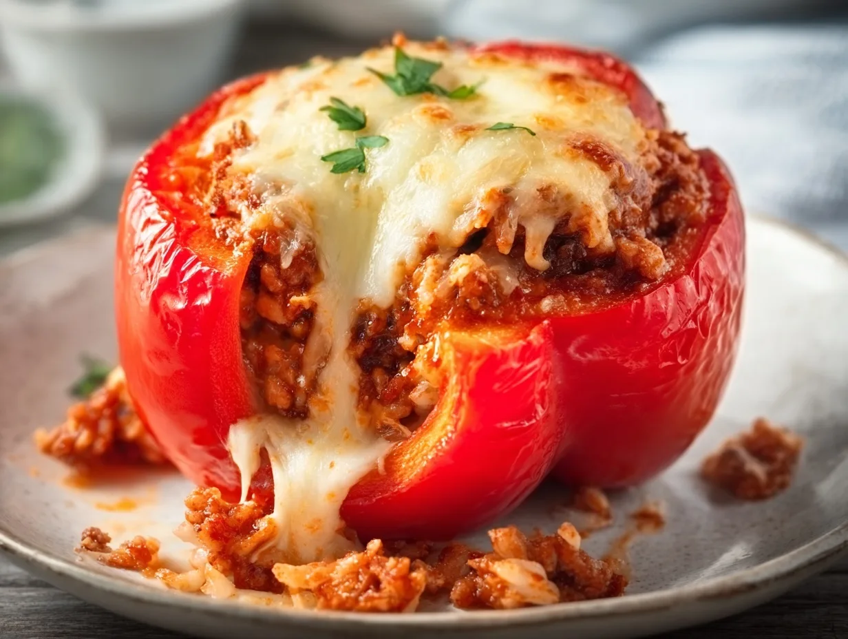 5-Ingredient Turkey & Veggie Stuffed Peppers (High-Protein Dinner in 30 Minutes) 1 close-up of turkey and rice stuffed red pepper with melted cheese
