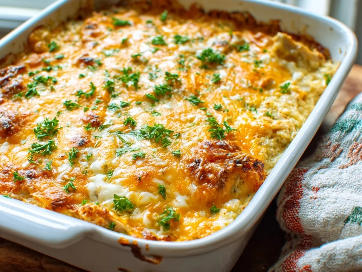3-Ingredient Cheesy Chicken Rice Bake (Creamy & Budget-Friendly!) 1 Baked cheesy chicken rice casserole with melted cheese and parsley in a white dish