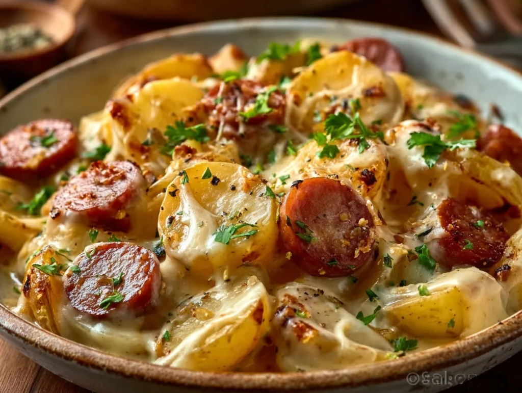 Creamy cheesy ranch potatoes and smoked sausage in a ceramic bowl