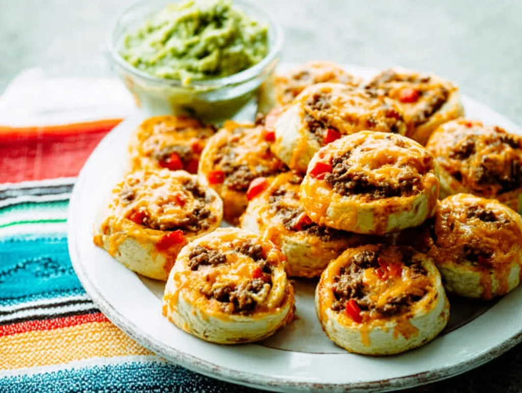 easy taco pinwheels with melted cheese and guacamole