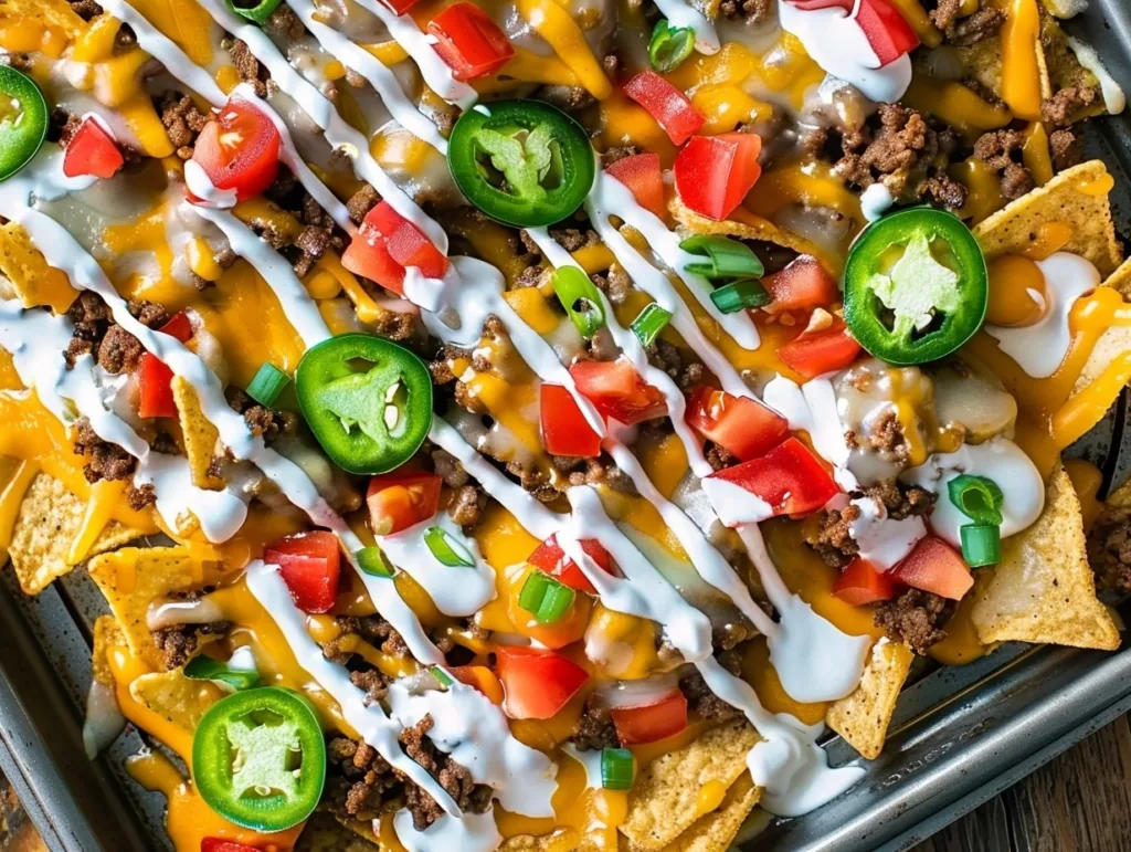Overhead tray of lazy sheet pan nachos topped with cheese, jalapeños, and tomatoes