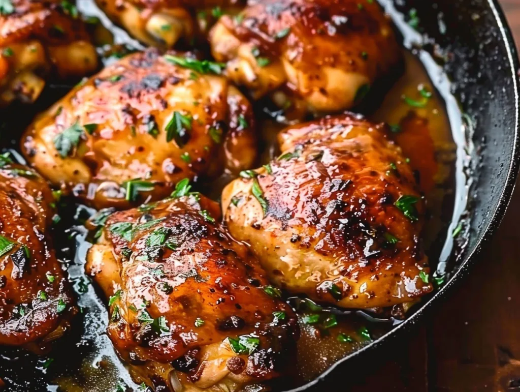 Apple cider glazed chicken thighs cooking in a cast-iron skillet