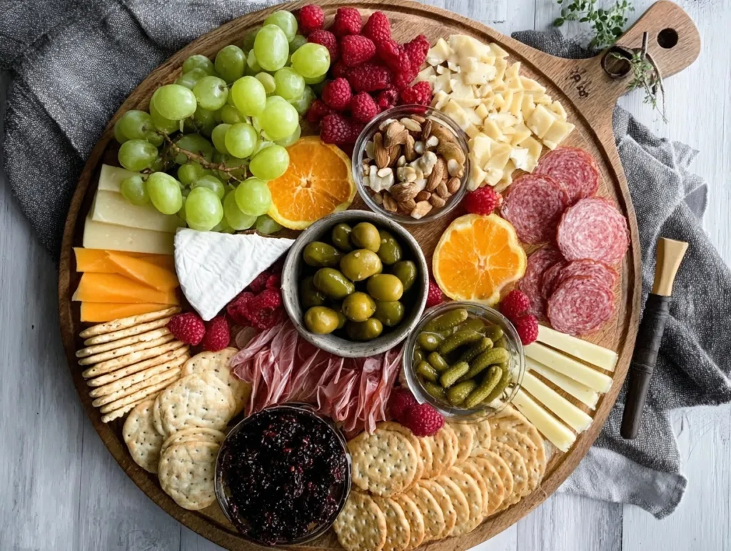 Rustic high-protein charcuterie board with cheese, fruit, and olives on a wooden surface