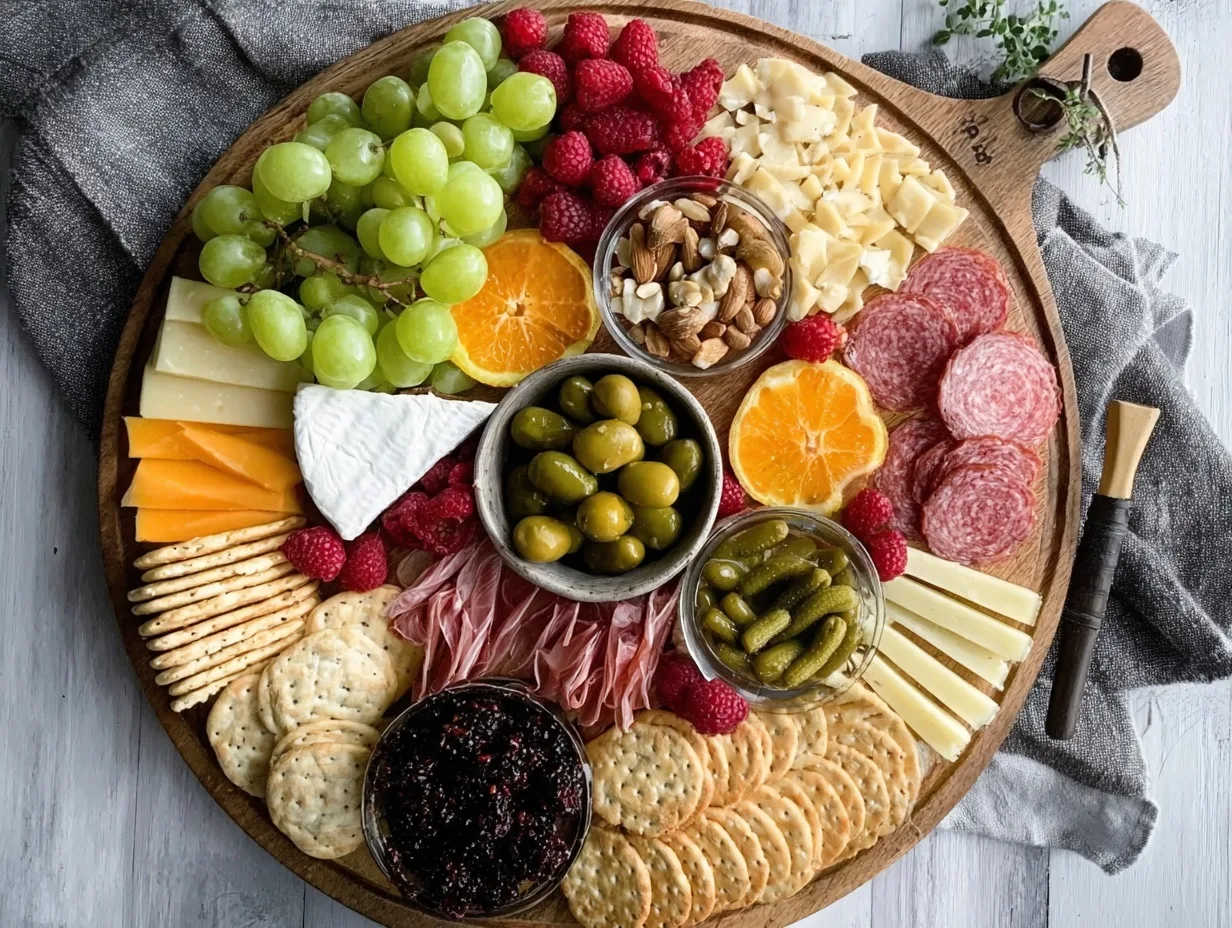 Rustic high-protein charcuterie board with cheese, fruit, and olives on a wooden surface