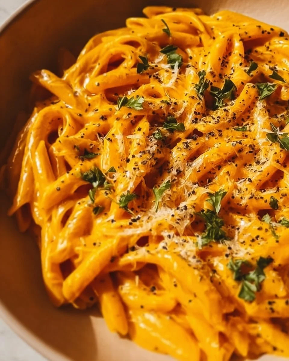Cozy homemade pumpkin pasta sauce in a bowl garnished with herbs