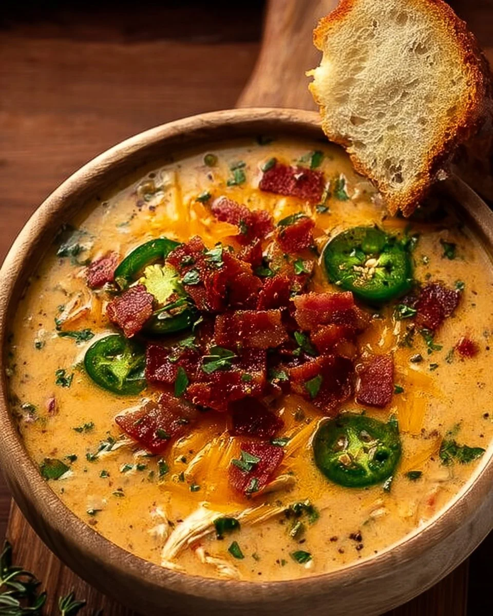 Bowl of cozy spicy jalapeño popper chicken soup garnished with cilantro and cheese