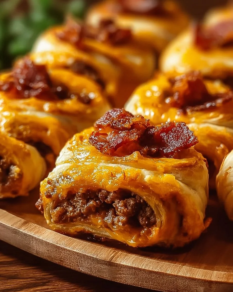 Garlic Butter Cheeseburger Rollups 2 Delicious garlic butter cheeseburger rollups on a plate