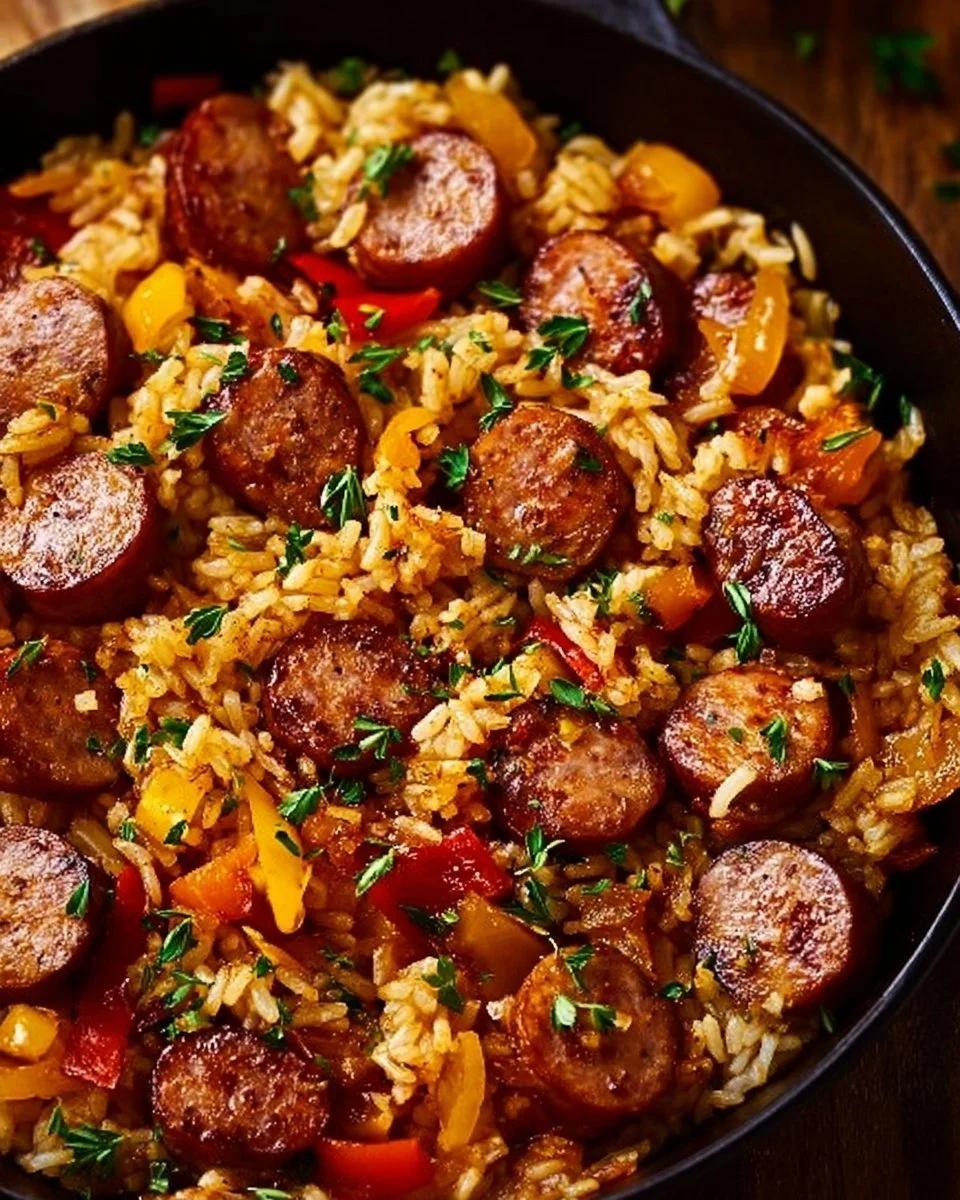 Delicious sausage and rice skillet dish with colorful vegetables
