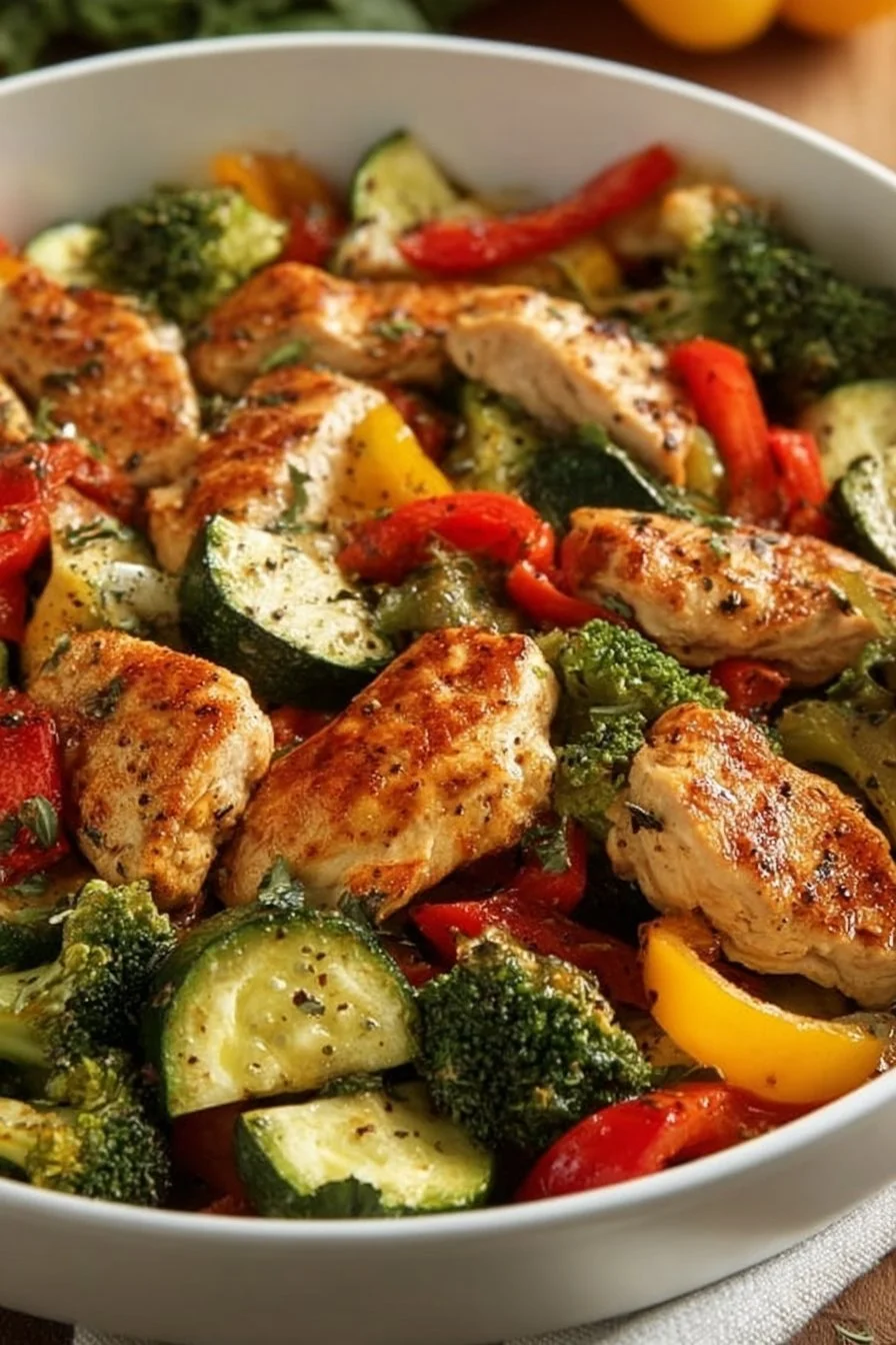 Air Fryer Chicken Breasts with Vegetables 4 Juicy air fryer chicken breasts served with colorful vegetables