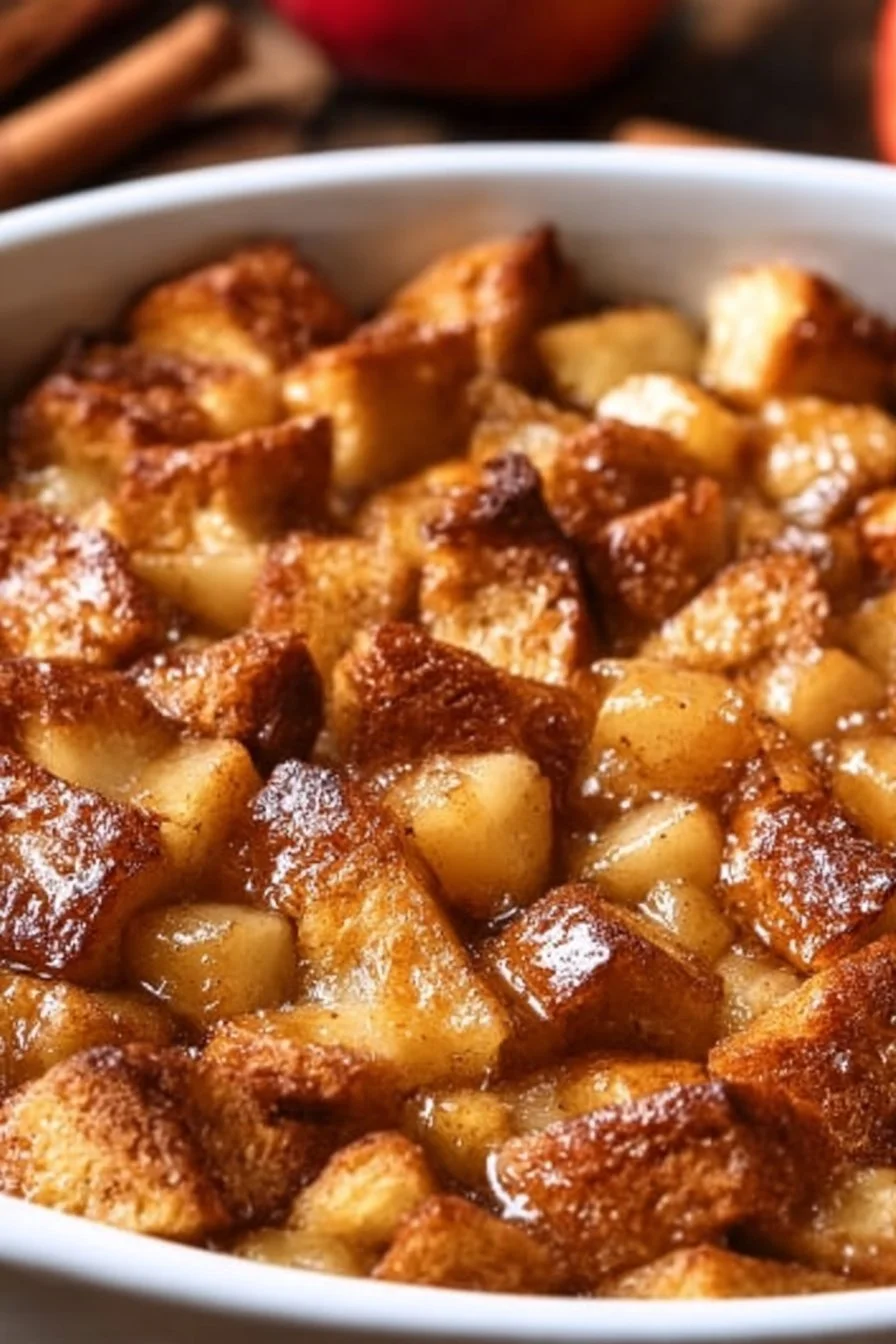 Baked Apple Cinnamon French Toast Casserole with syrup and cinnamon garnish