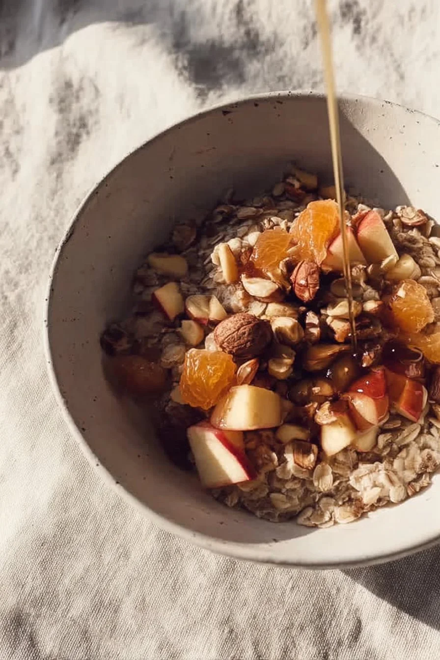 A delicious bowl of apple cinnamon oatmeal topped with fresh apple slices and cinnamon.