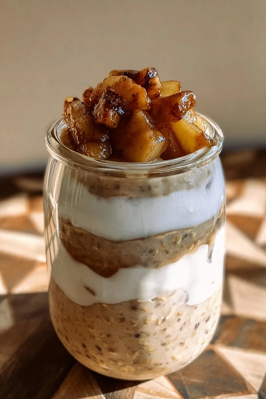 Apple Pie Overnight Oats 4 Bowl of apple pie overnight oats topped with cinnamon and apple slices