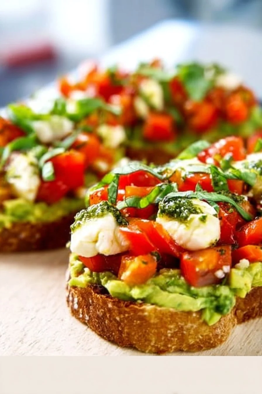 Avocado Toast with Tomatoes, Basil, and Mozzarella 4 Avocado toast with tomatoes, basil, and mozzarella on a wooden table