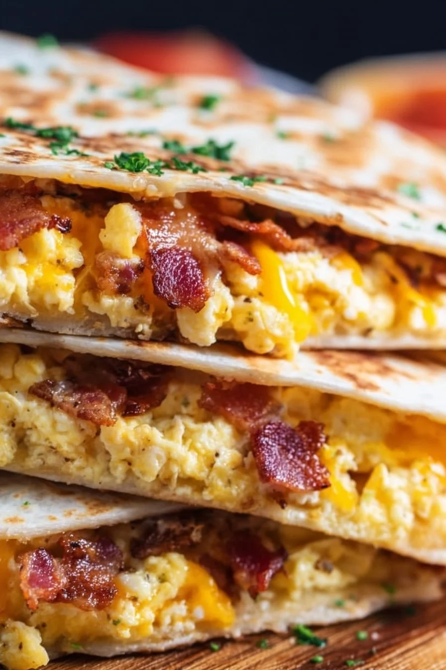 Delicious bacon egg and cheese breakfast quesadillas served on a plate