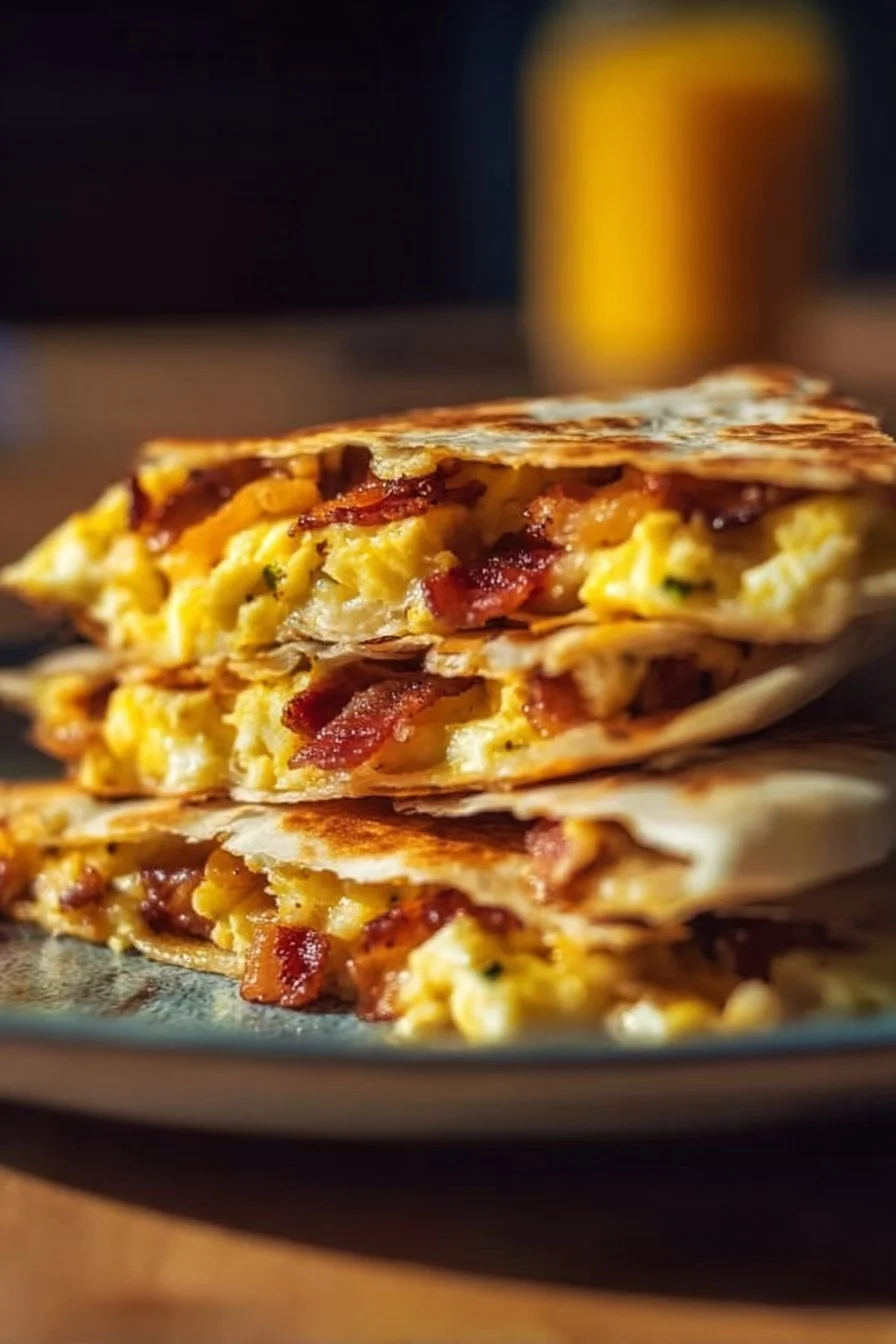 Bacon Egg Cheese Breakfast Quesadillas 4 Bacon Egg Cheese Breakfast Quesadilla served on a plate