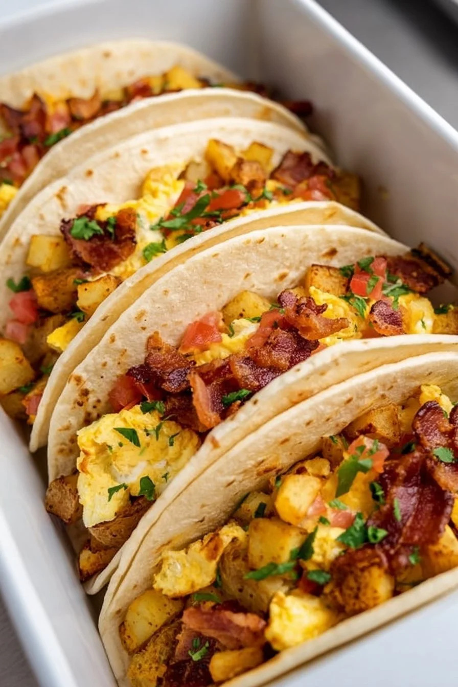 Delicious baked breakfast tacos served on a plate with toppings.