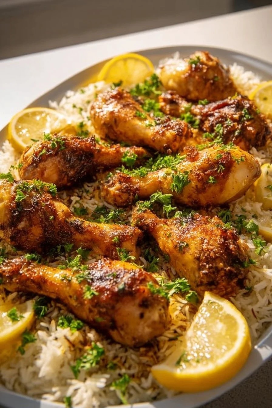 Baked chicken legs served with flavorful rice on a plate