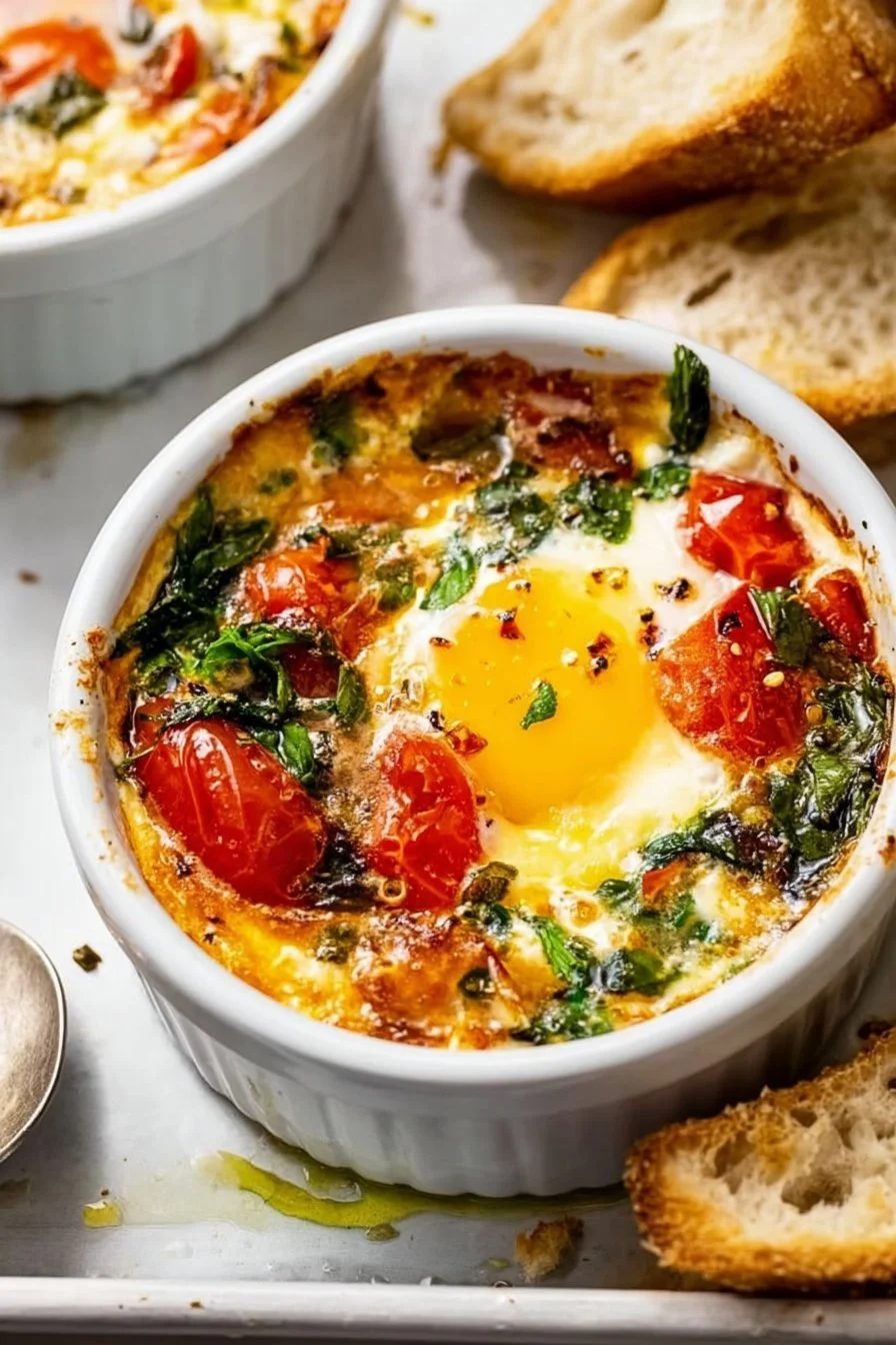 Baked Feta Eggs with Tomatoes and Spinach 4 Baked feta eggs with tomatoes and spinach in a serving dish