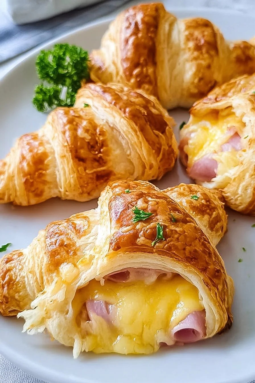 Baked Ham and Cheese Croissants 4 Delicious baked ham and cheese croissants on a platter