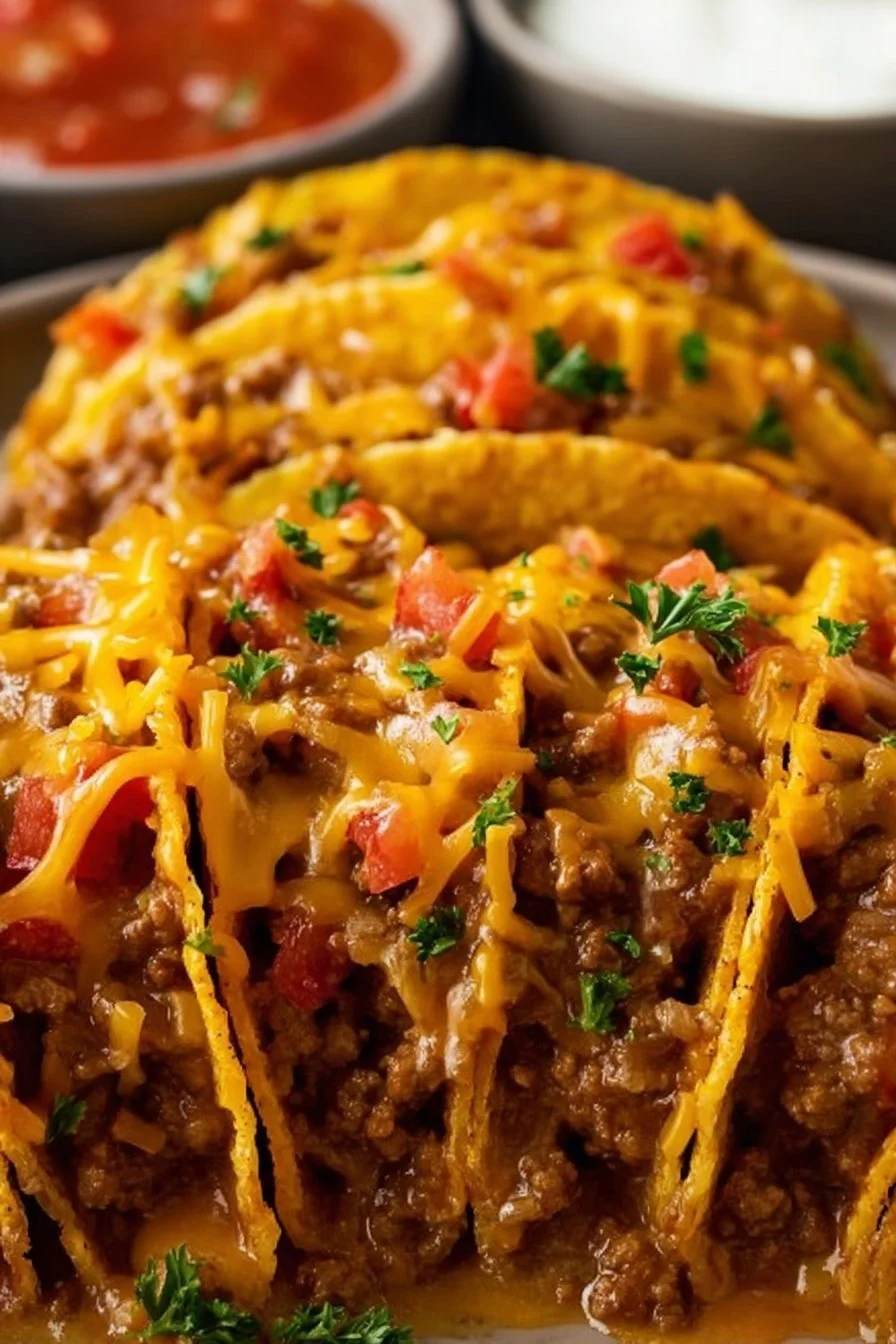 Baked Tacos 5 Plate of baked tacos topped with cheese, lettuce, and tomatoes
