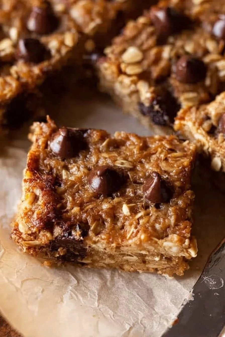 Homemade banana oatmeal bars topped with nuts and fruits.