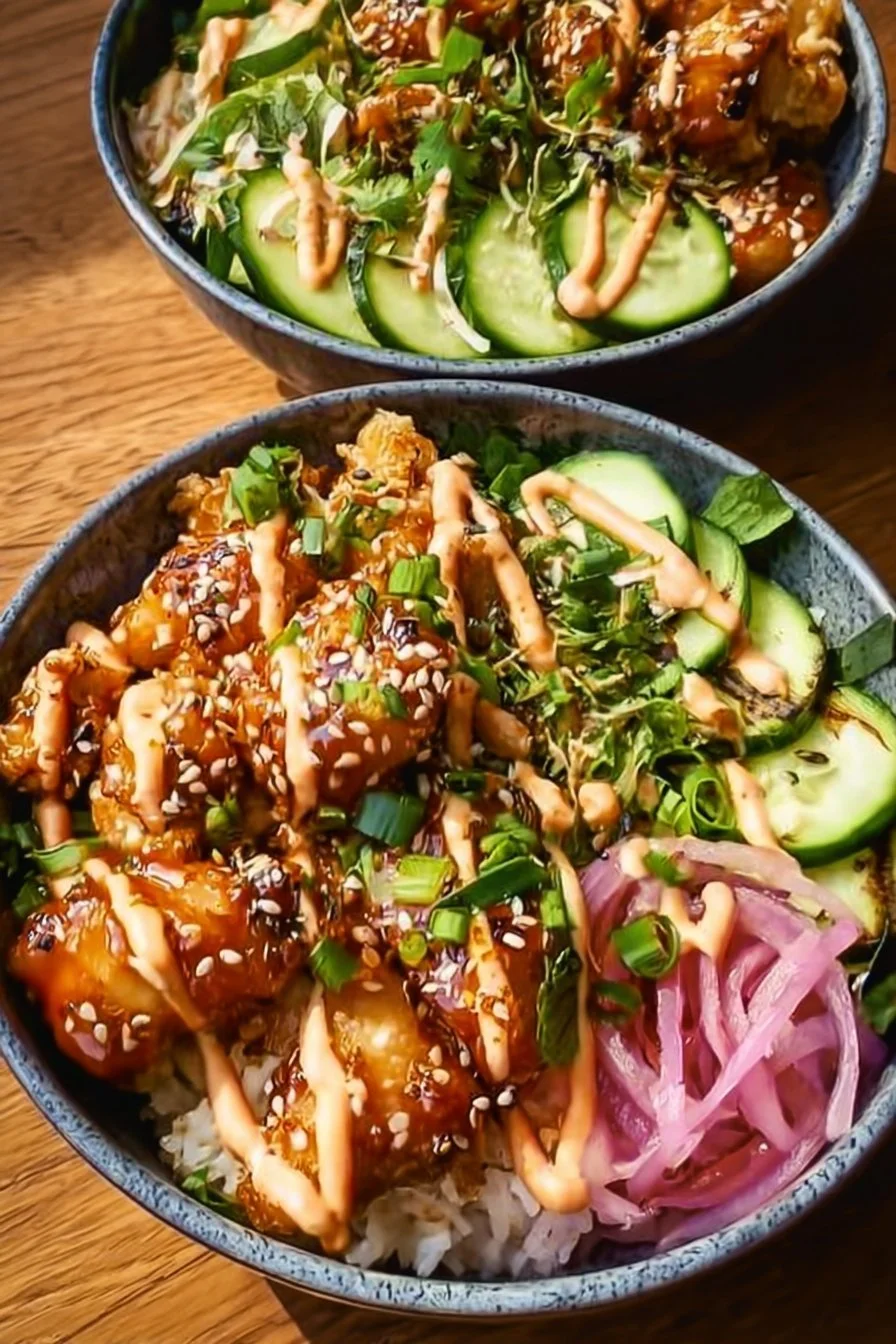 Bang Bang Chicken Bowl 4 Delicious Bang Bang Chicken Bowl topped with spicy sauce and fresh ingredients