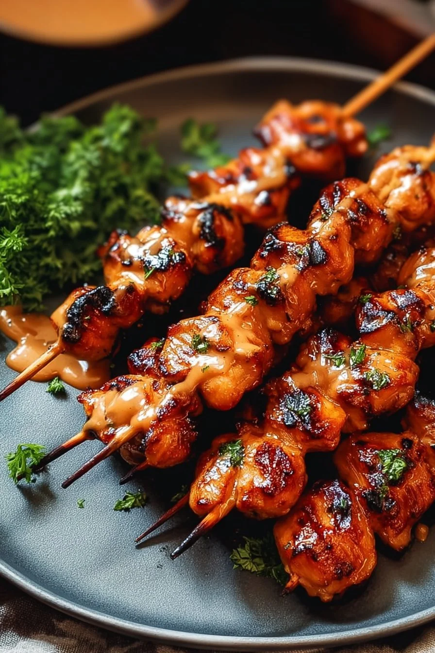 Bang Bang Chicken Skewers 4 Delicious Bang Bang Chicken Skewers with spicy sauce ready to be served.