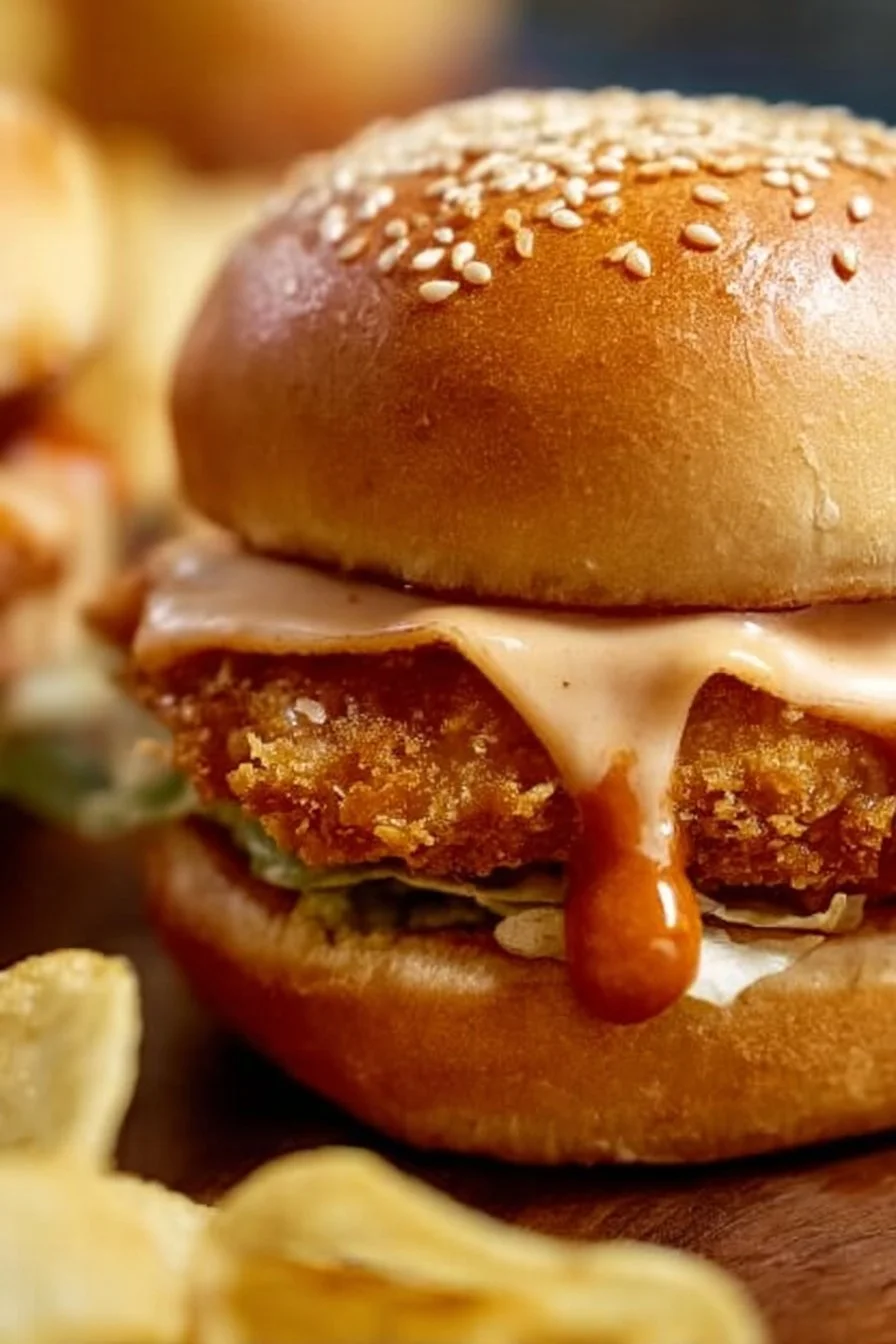 Delicious Bang Bang Chicken Sliders served with spicy sauce and fresh toppings