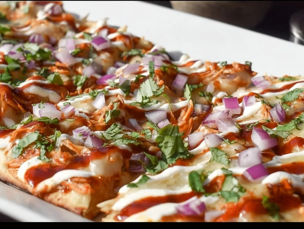 BBQ Chicken Flatbread 5 BBQ Chicken Flatbread topped with grilled chicken, barbecue sauce, and fresh veggies.