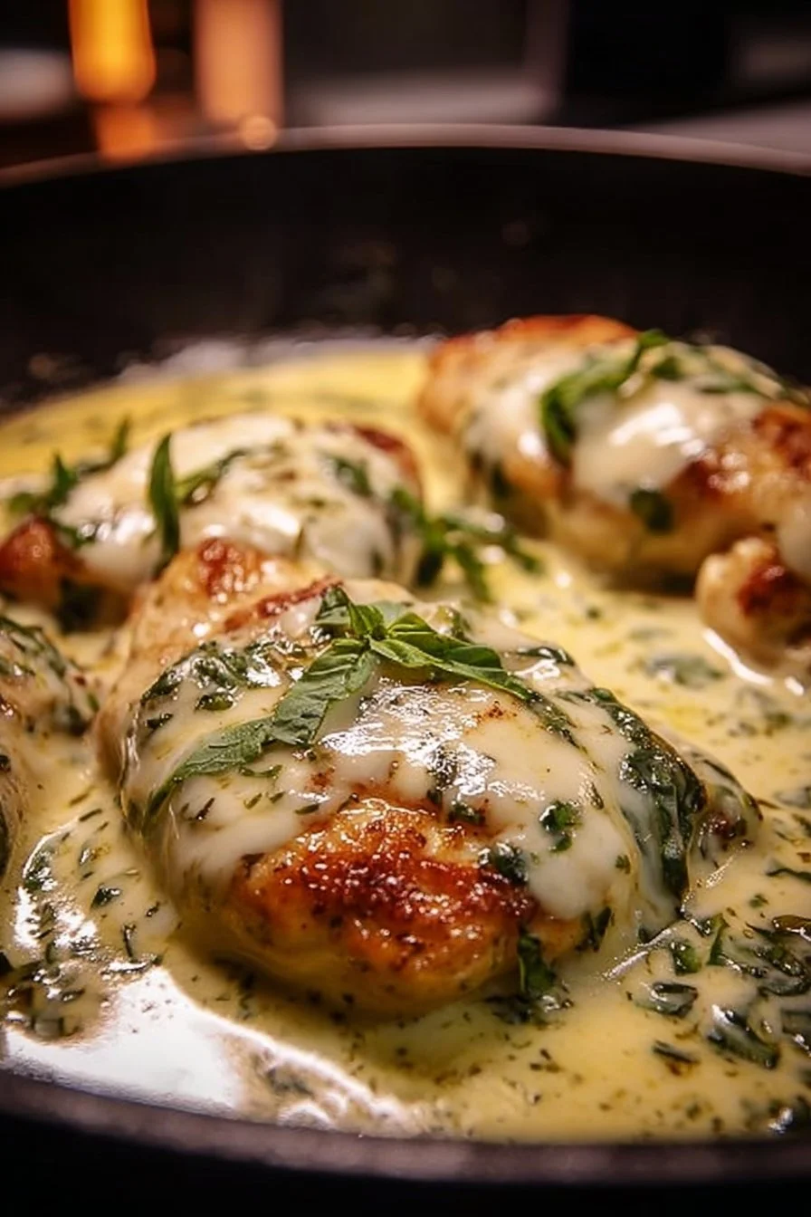 Mozzarella Chicken in Basil Cream Sauce
