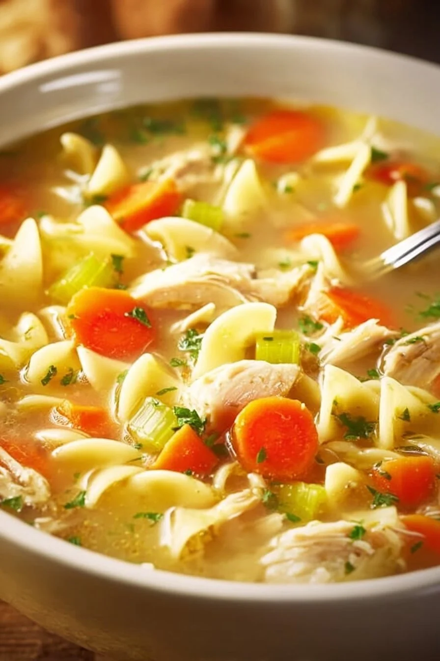 Bowl of rich and comforting best chicken noodle soup with vegetables and herbs.