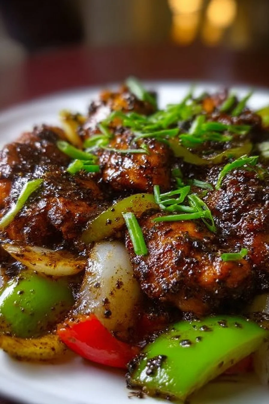 Deliciously spicy black pepper chicken served with vegetables and rice.