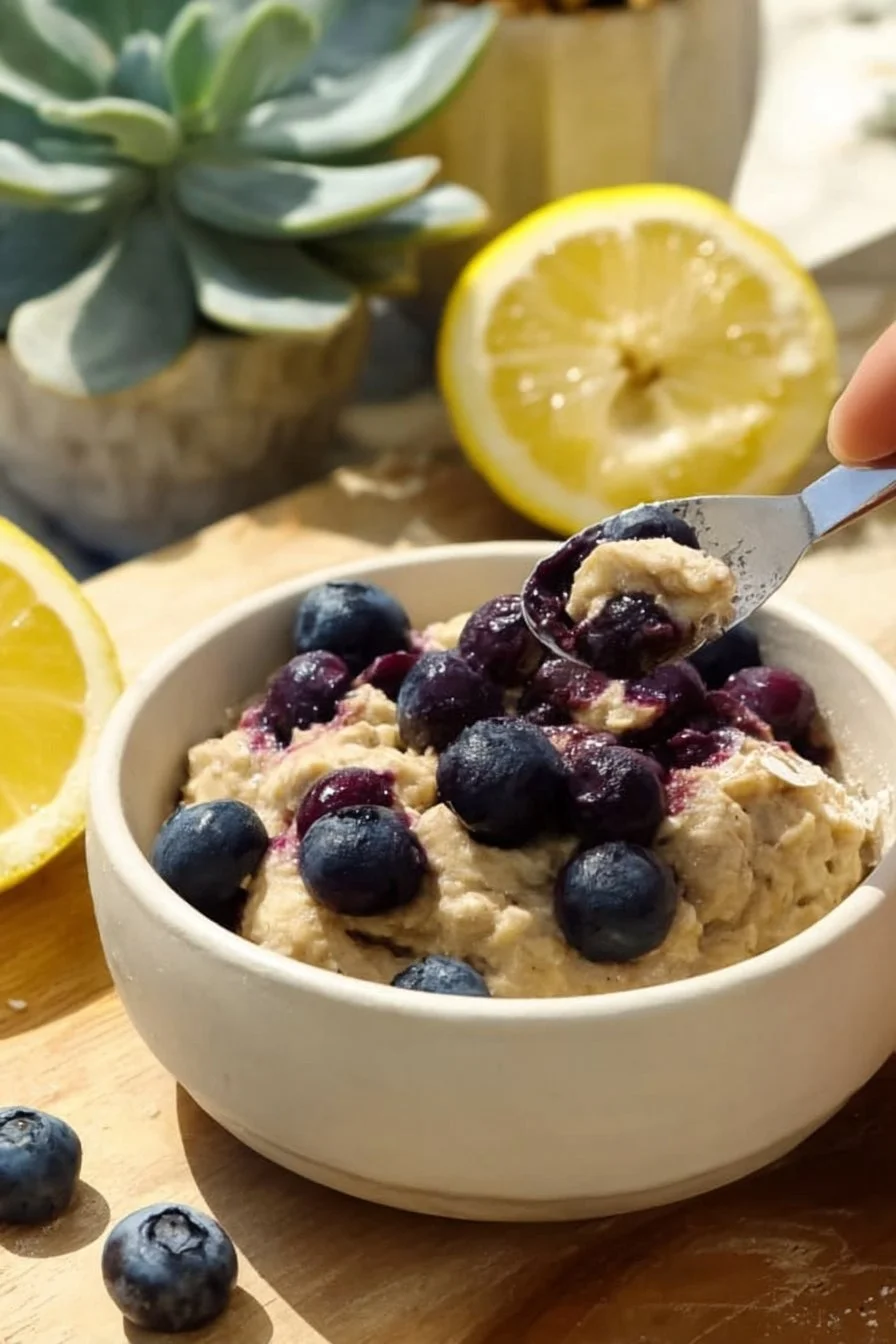 Blueberry Lemon Baked Oats in a white bowl topped with fresh blueberries