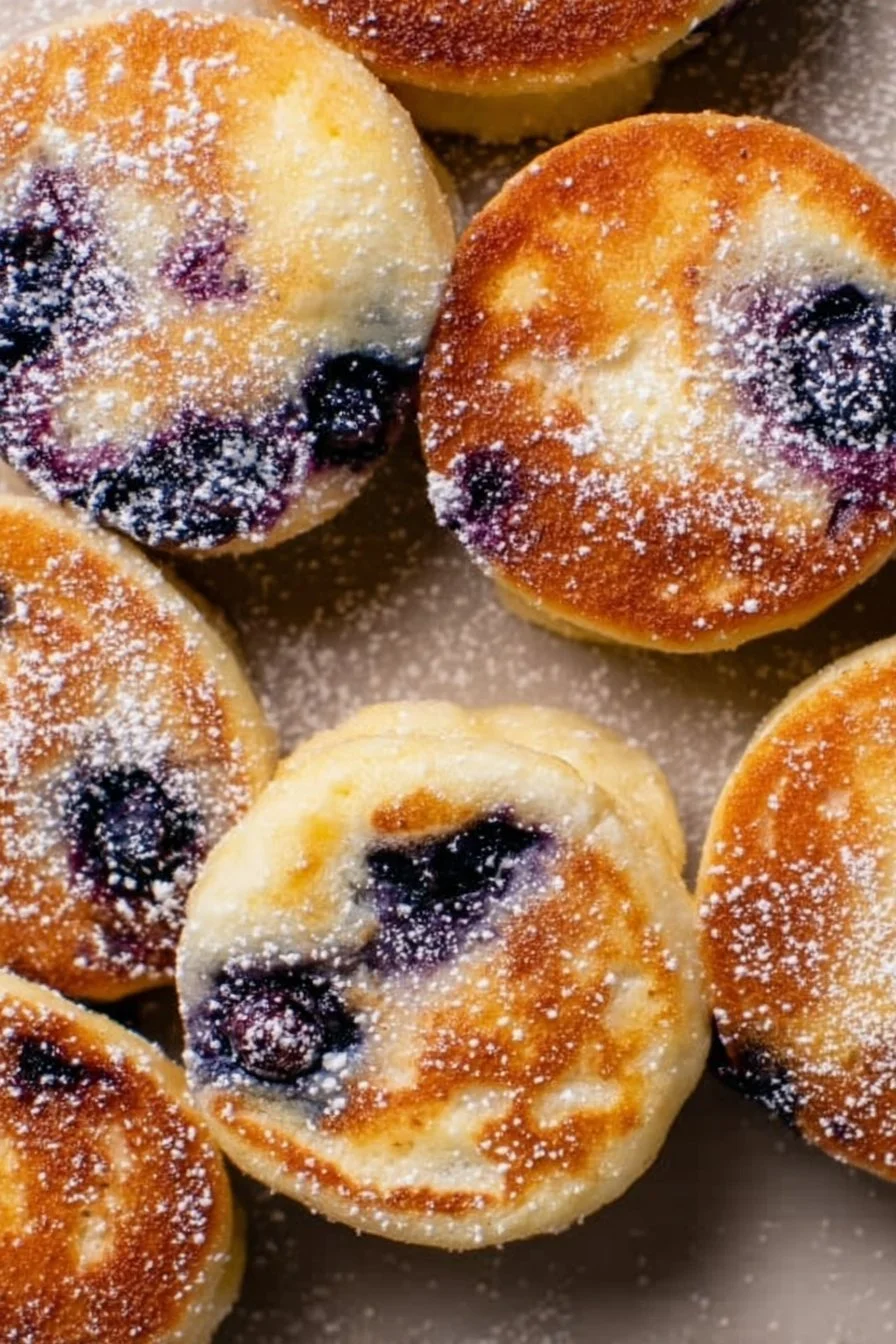 Blueberry Lemon Pancake Bites 4 Blueberry lemon pancake bites served on a white plate with fresh blueberries