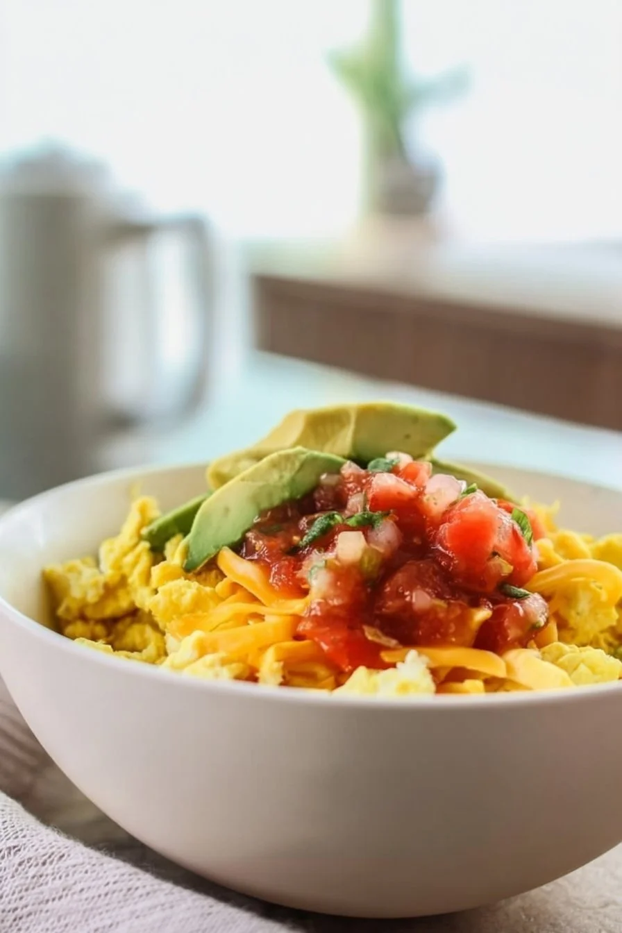 Delicious Breakfast Burrito Bowl filled with eggs, cheese, and veggies